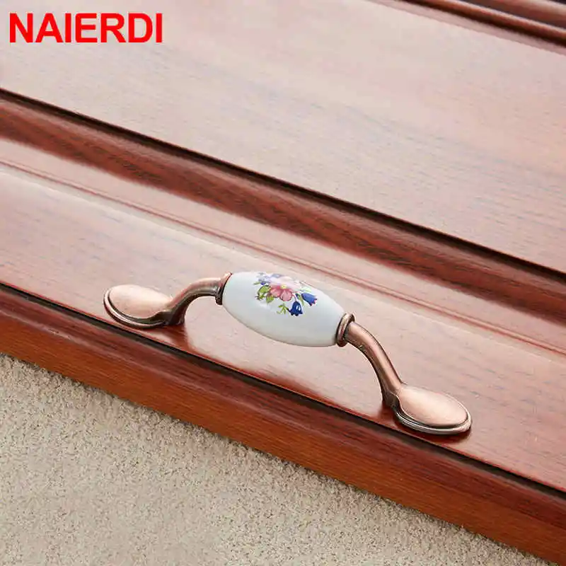 NAIERDI Antique Bronze Ceramic Cabinet Handles Zinc Alloy Drawer Knobs Wardrobe Door Handles Morning Glory European Handle