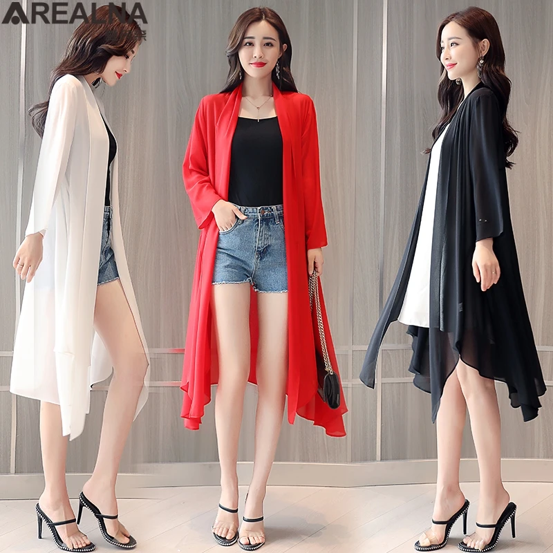 Chiffon Blouses Woman Fashion 2022 Summer Kimono Cardigan Beach Long Black Red White Blouse Women Irregular Sunscreen Cape Shirt