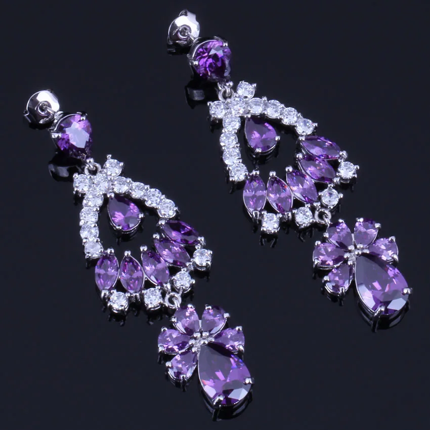 Delightful Huge Purple Cubic Zirconia White CZ Silver Plated Drop Dangle Earrings V0335