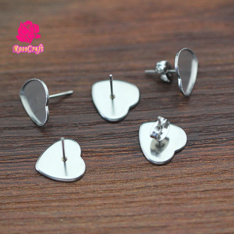 

50pcs/lot Stainless Steel Earrings Stud Setting Heart Shape Blank Base Fit 12mm Cabochon Cameo DIY Jewelry Findings Accessories