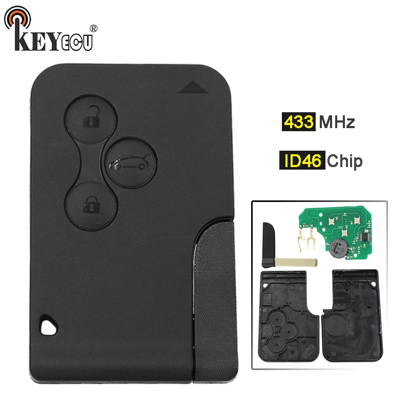 KEYECU 433Mhz ID46 Chip Replacement 3 Button Smart Card Remote Car Key Fob for Renault Megane Scenic 2003-2008 With Uncut Blade