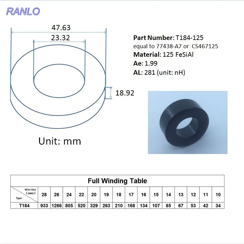 2pcs RANLO Sendust Toroidal Core T184-125 CS467125 77438-A7   OD*ID*HT 48*23*19 mm AL: 281nH/N2 Ue: 125