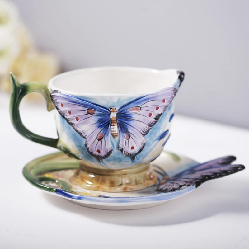 2018 Newest 3D Bone China Blue Butterfly Coffee Cup with Saucer Tea cup ceramic cup Breakfast Milk cups Best Gift For Lovers