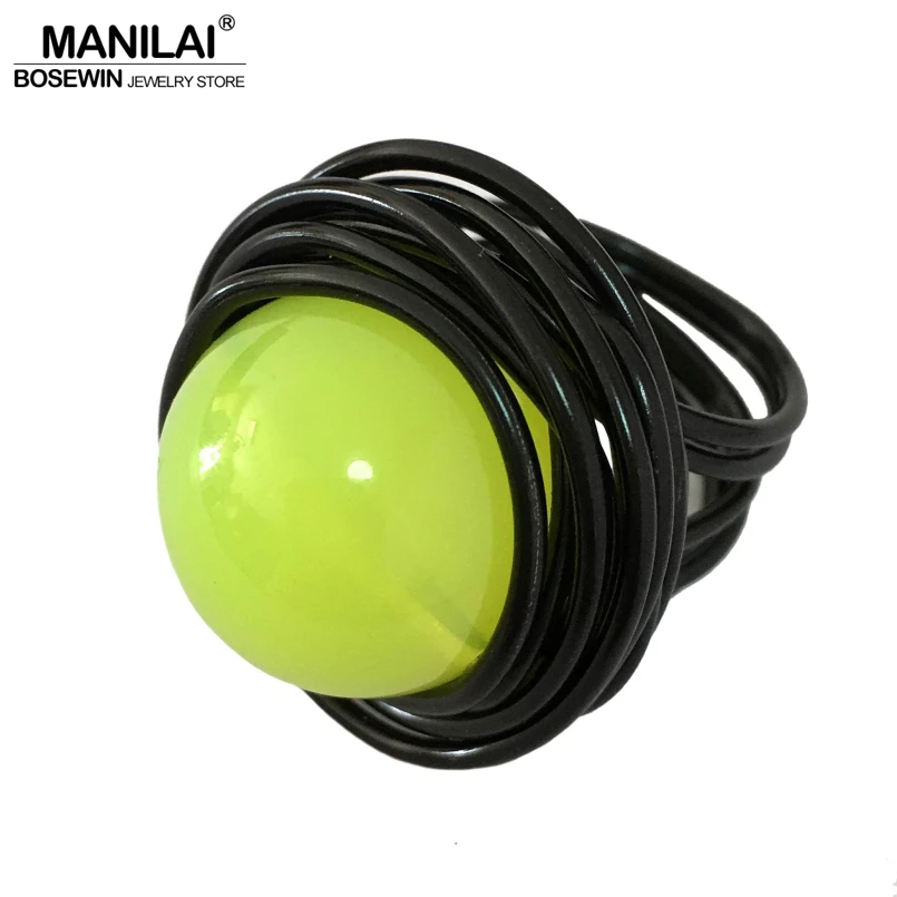 MANILAI 4 Colors Handmade Wire Big Beads Rings For Women Statement Jewelry Fashion Acrylic Finger Rings Gift  Vintage Style