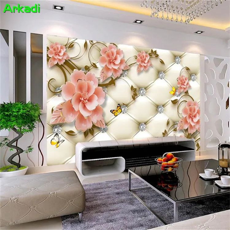 

European Soft Diamond Diamond Three-dimensional Peony Butterfly Mural Photo TV backdrop Video Wall Wallpaper Living room Bedroom