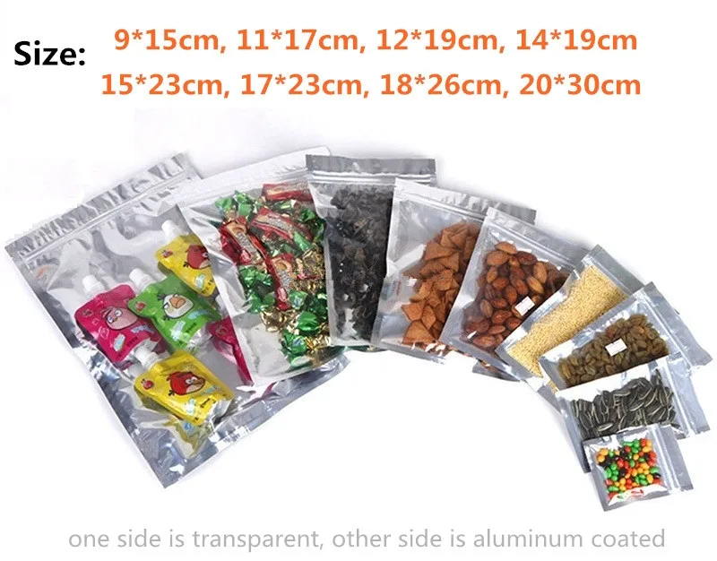 100pcs/lot-8sizes Clear front Aluminized back Zip Lock Seal Bags for Food Sample Tea Candy Party Gift Packaging