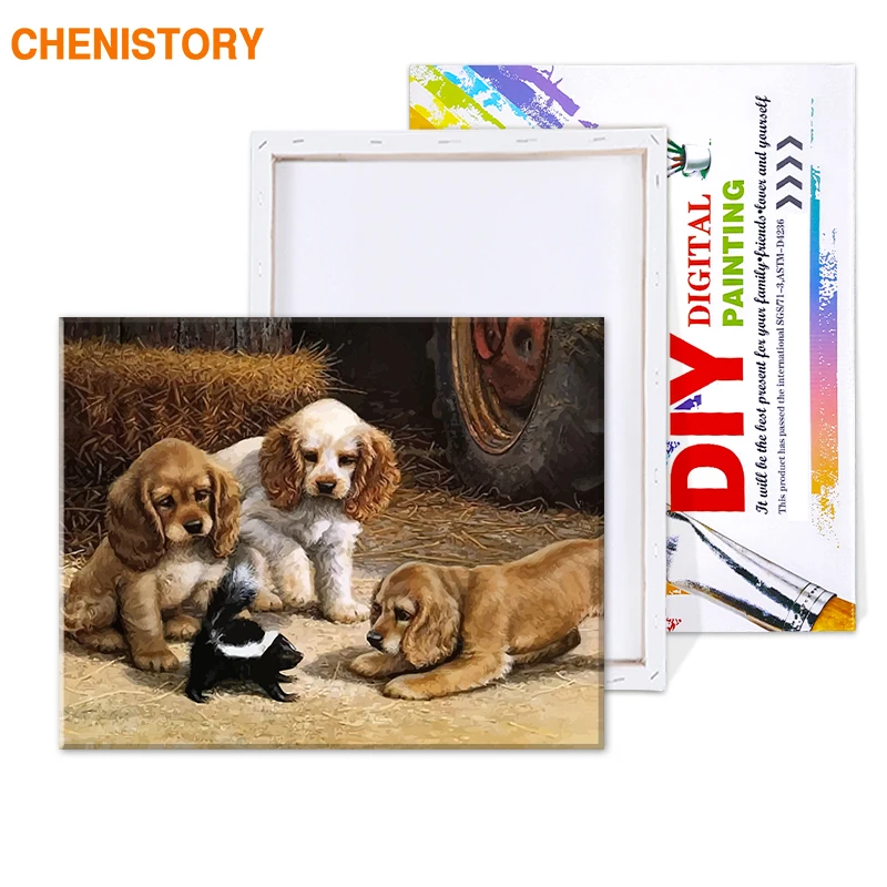 CHENISTORY Dogs Play The Games DIY Digital Oil Painting By Numbers Color Kit Paint On Canvas With Wooden Frame For Children Gift