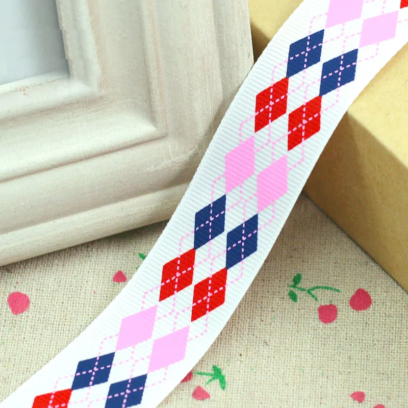 (1 Meter/lot) 25mm Rhombus Grid Printed Ribbon for DIY Wedding Home Decoration Gift Wrapping Christmas Ribbons Handmade Material