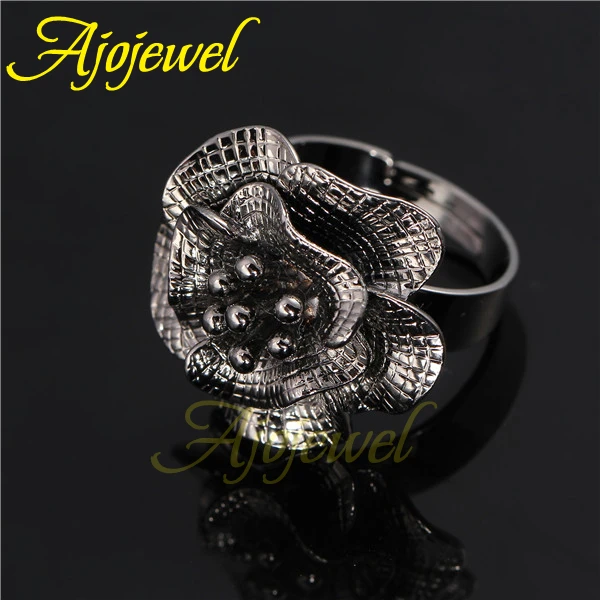 Ajojewel Gun Black Large Flower Women Ring Adjustable Finger Jewelry Wholesale Vintage Ladies Rings Retro Gift