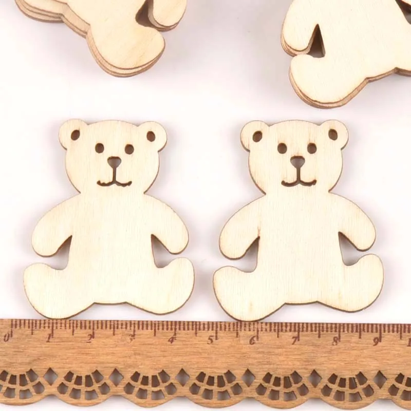 10pcs 41x48mm Bear Pattern Wood DIY Crafts Scrapbook DIY For Home Decor Natural Wooden Ornaments Accessories Embellishment m1757