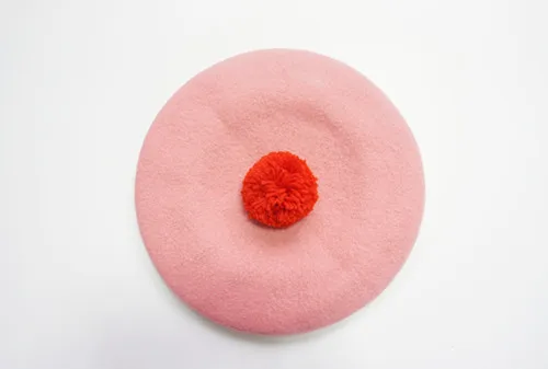 Lolita Girls Baby Pink Manga Heart Pom Pom Beret Hat Kawaii Cute Painter Beret Cap