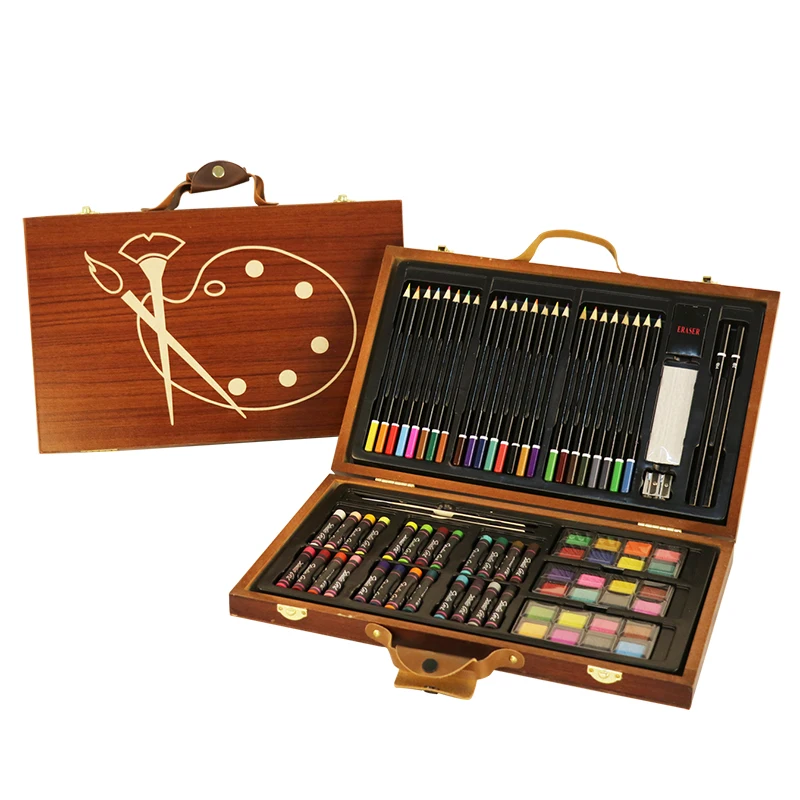 85pcs Children Painting Set Drawing Brush Elementary Water Color Pen Art Markers Wood Box Set