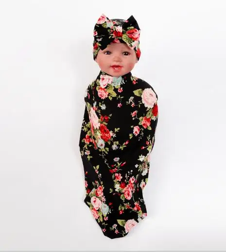 

Infant swaddle set Newborn top bowknot hat Wild Flower photo prop Hospital set baby boy girl Topknot beanie Baby Blanket 1set