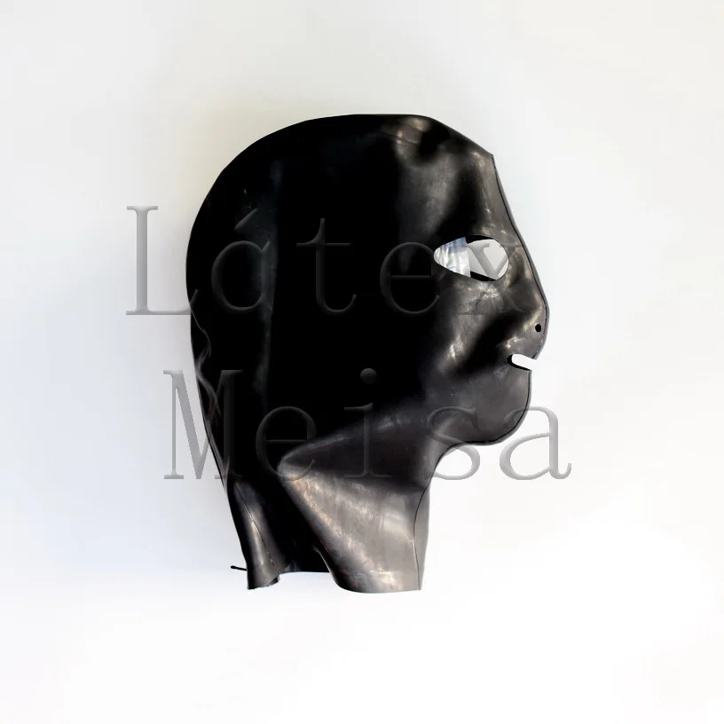 

Handmade latex masks adult's rubber hoods open eyes nostrils and mouth in black color with back zip