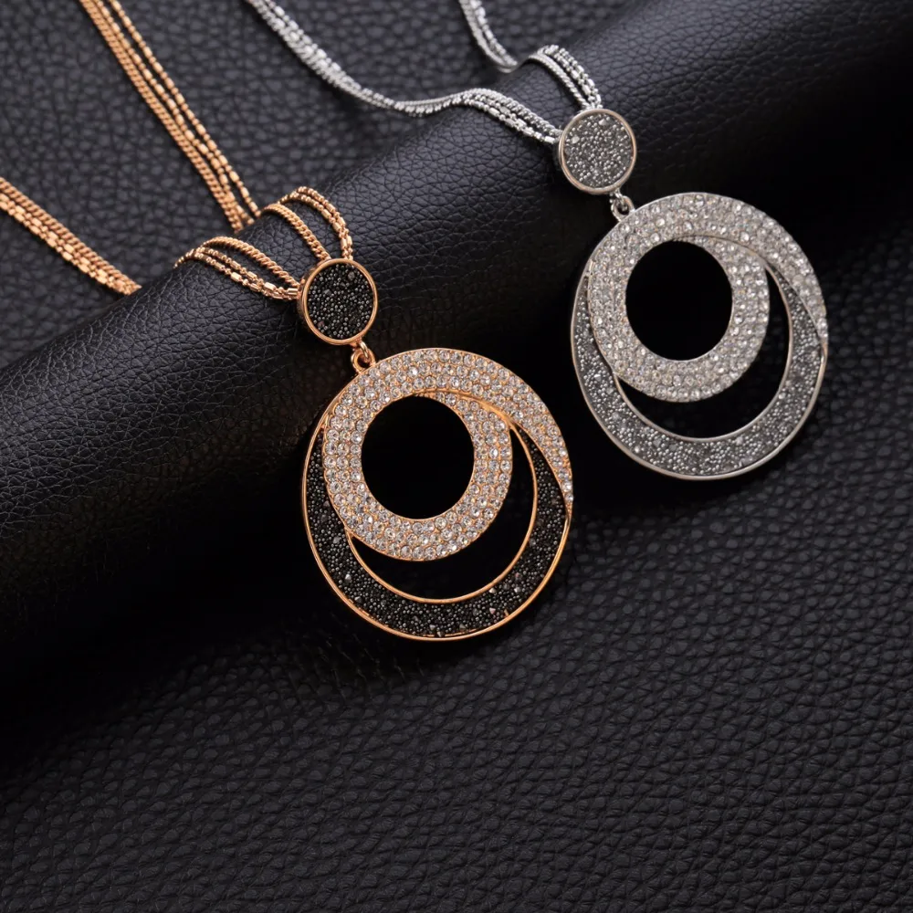 Vintage Woman Statement Necklace Geometric Big Circle Crystal Pendant Necklaces Long Sweater Chain Fashion Jewelry Gift For Girl