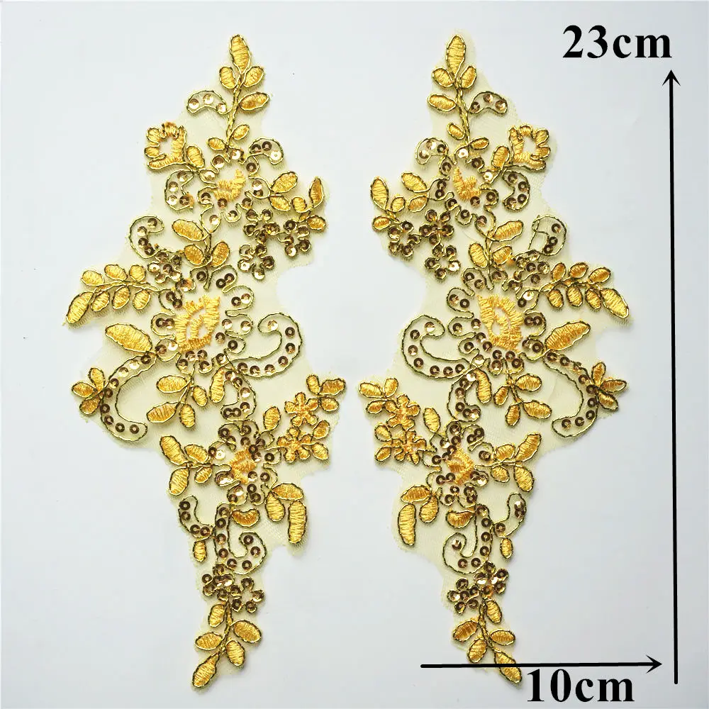 2PCS Gold Sequined Flowers Mesh Fabric Wedding Appliques Sew Patches Lace Embroidery For Evening Dress DIY Decoration