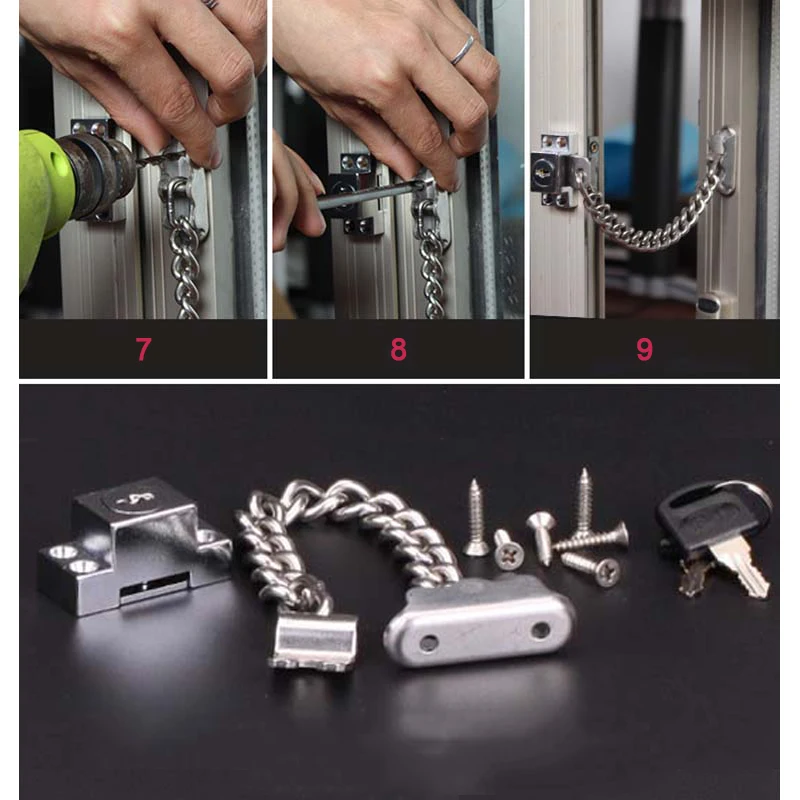 

Абсолютно новый комплект из 1 шт. Новая защитная цепочка-замок из нержавеющей стали для окон и дверей, ограничитель открывания, защита от детей + ключи