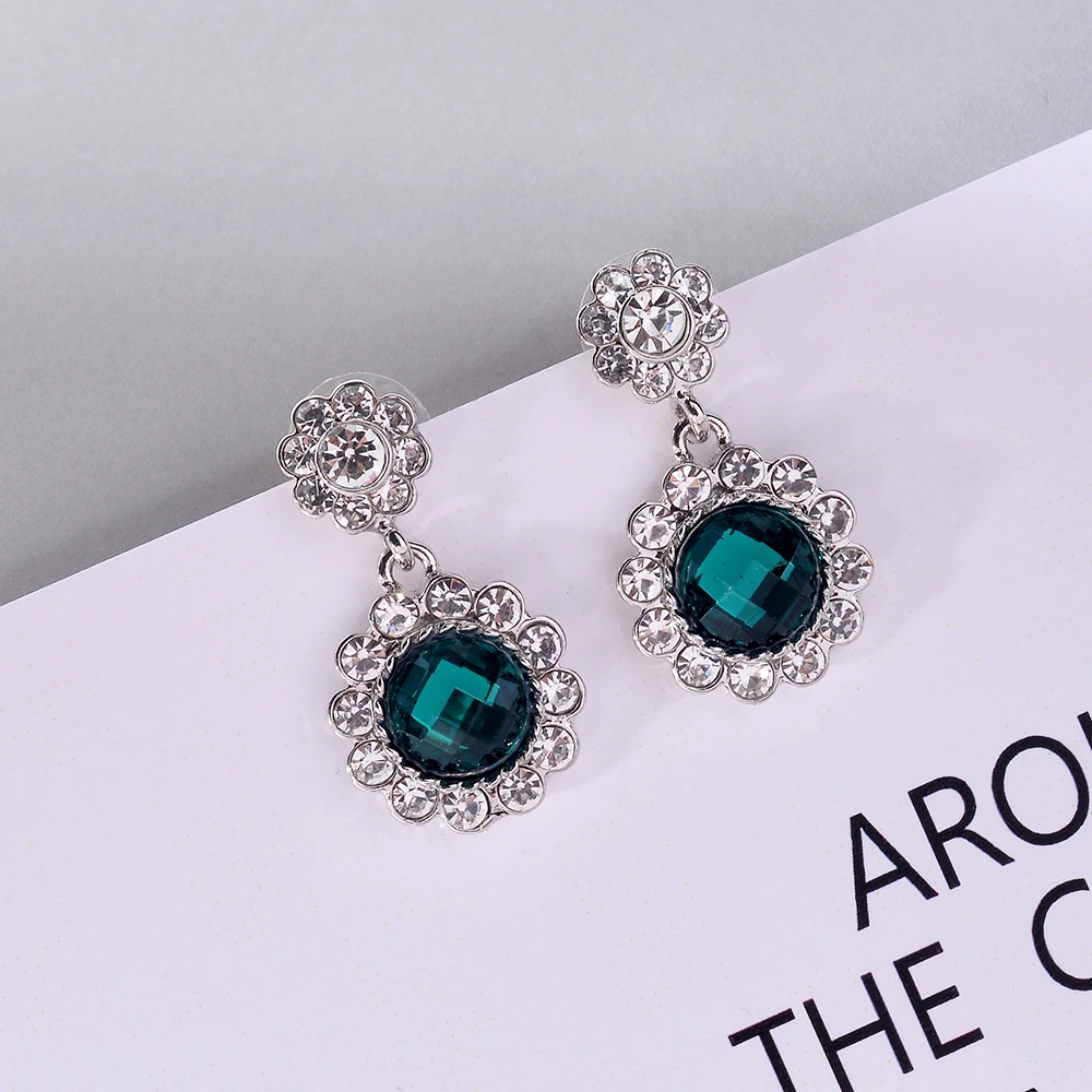 LUBOV 30 Kinds Crystal Green Stone Dangle Earrings Rhinestone Inlaid Geometric Color Metal Dangle Earrings Women Jewelry