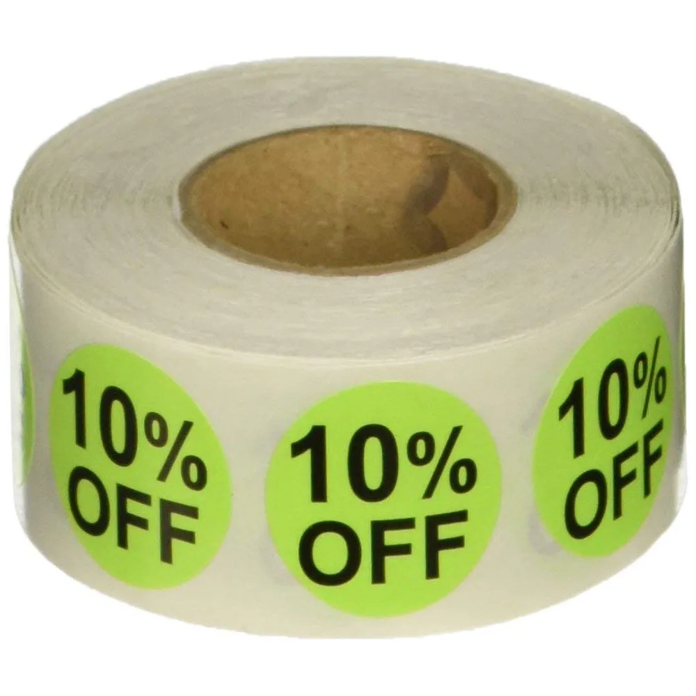 2021 New Trend 500 PCs/Roll Adhesive Labels 10% Percent Off Stickers Hot Green With Black Lettering 2 Inch For Store Promotion