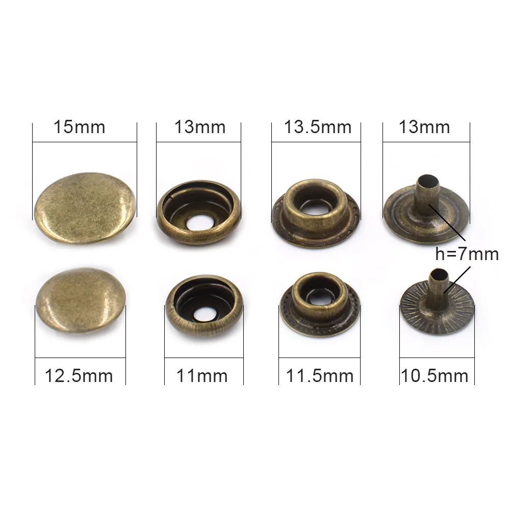 Botões de metal Snap Fastener, rebites fecho, fivela de jaqueta, prata, bronze, preto, níquel, ouro, 12,5mm, 15mm, 30 conjuntos