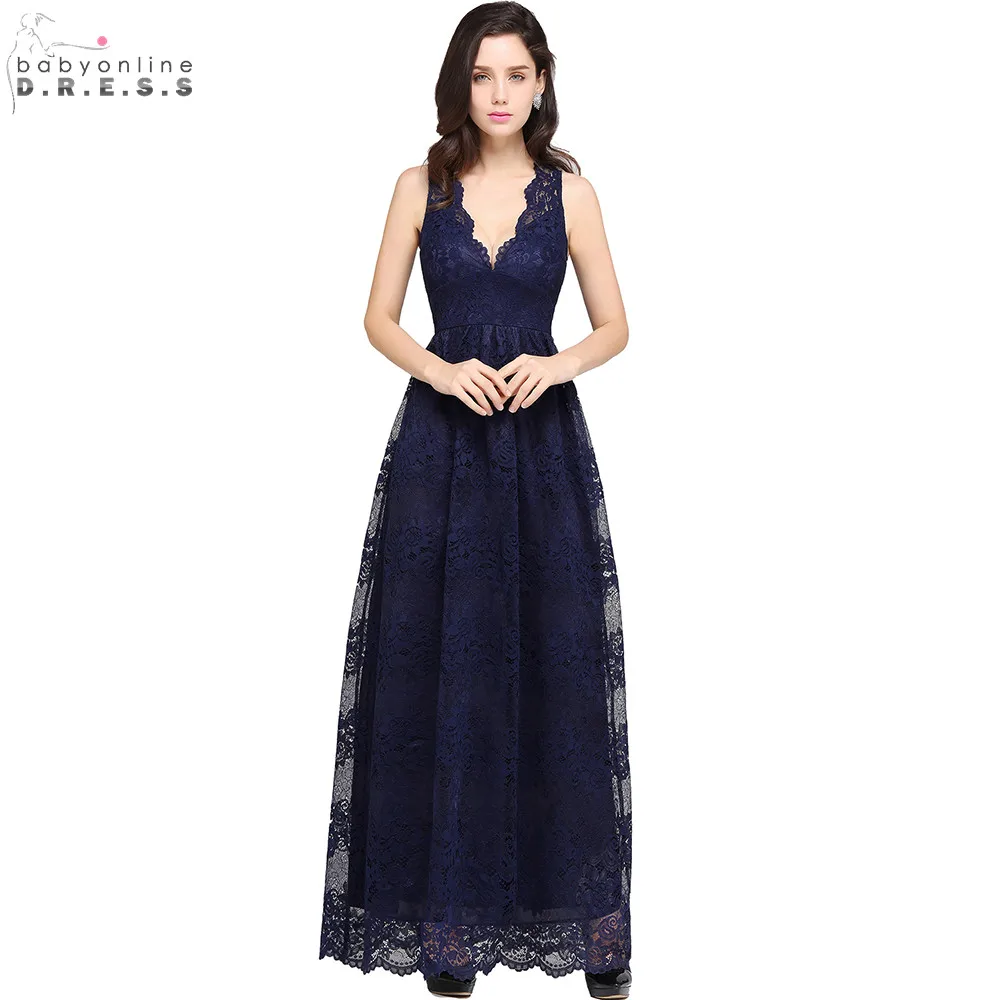 Robe de Soiree Sexy Sheer Back Navy Blue Lace Evening Dress Long  Cheap V Neck A Line Evening Party Dresses Vestido de Festa