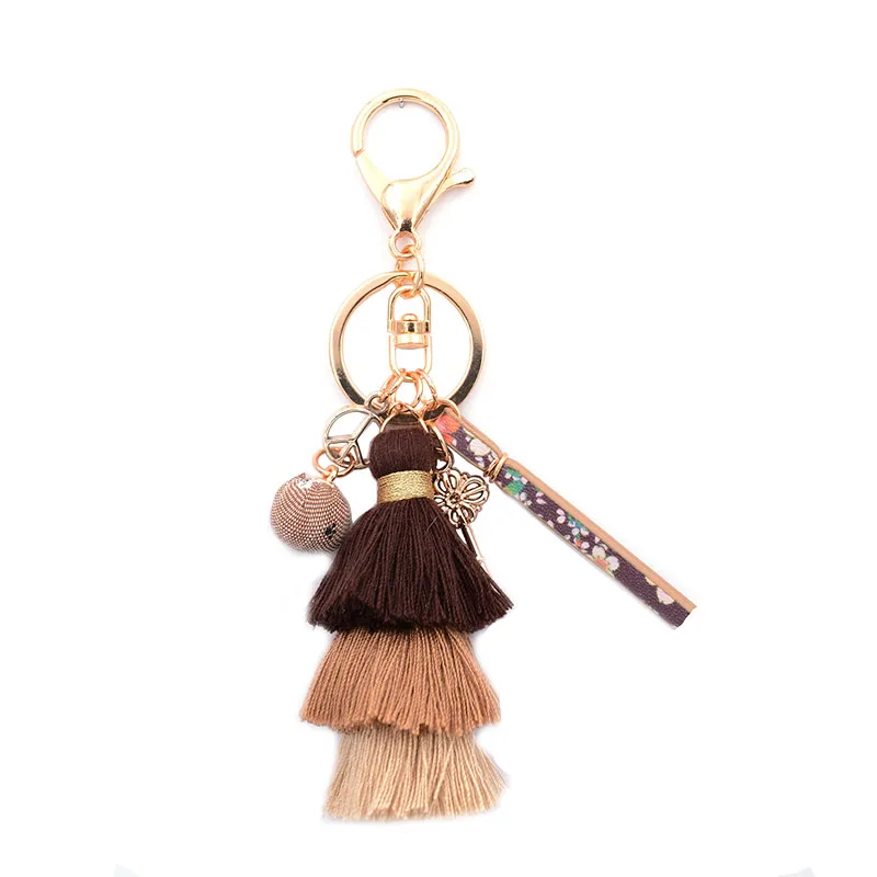 WELLMORE BOHEMIA leather,Cloth ball,key,long tassel colorful  alloy Key Chain For Women Girl Bag Keychain wholesale jewelry