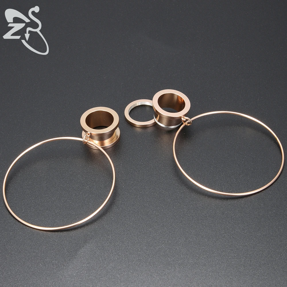ZS 4-20mm Big Circle Ear Plug Tunnel Stainless Steel Screw Flesh Tunnel Steel Rose Gold Color Ear Tunnels Body Piercing Jewelry