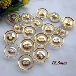 60pcs 12.5mm Gold Edge Transparent Crystal Shirt Buttons for Sewing Diy Craft Decoration 2 holes Acrylic Sewing Materials