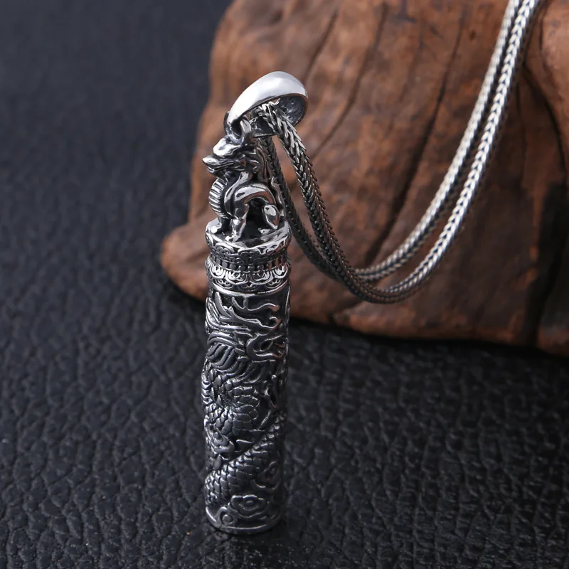 

S990 Sterling Silver Vintage Memorial Thai silver ancient Bottle Jewelry Dragon Engrave Punk Men Pendant Holder Ash Urn Necklace