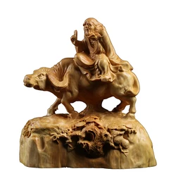 Hand Carved Wooden Lao Tzu Riding Ox Statue Figurine - Taoist Wisdom Chinese Mythology Sculpture Ornament Feng Shui Study Decor
