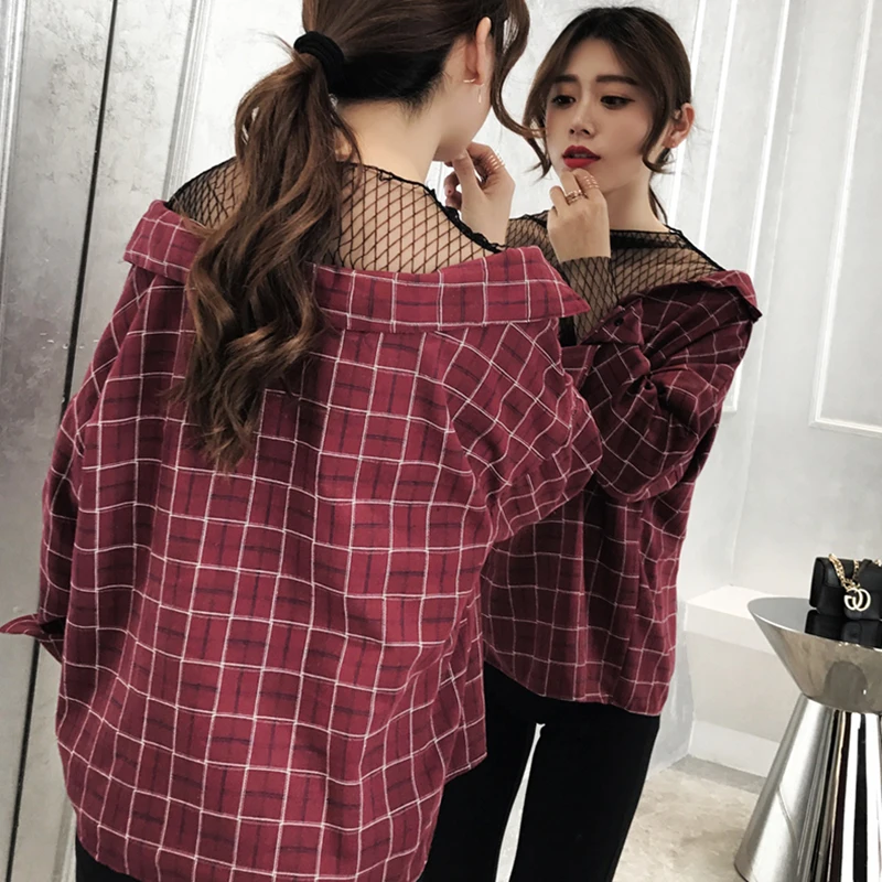 Shirts Women Korean Chic Trendy Loose Mesh Patchwork Womens Plaid Retro V-Neck Female Temperament All-match Fashion Casual Daily