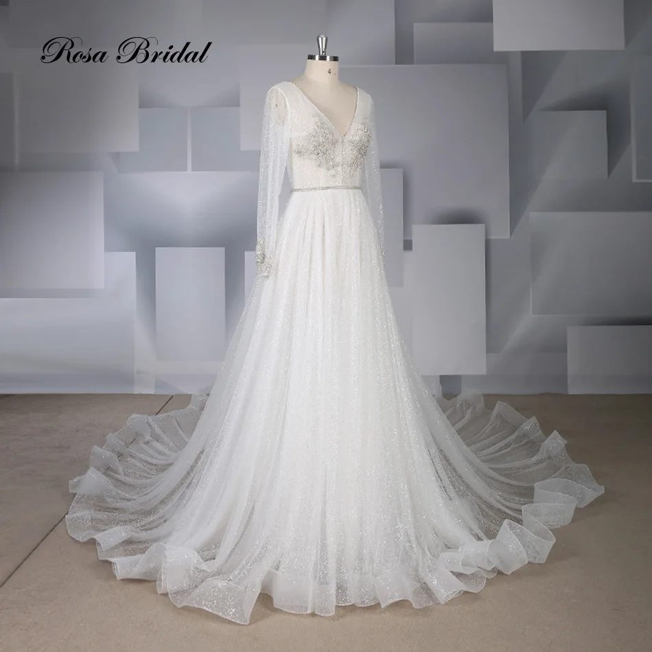 Rosabridal – robe de mariée ligne A, style bohémien, col en v, manches longues, mousseline de soie, perles, dos nu, avec queue de train court