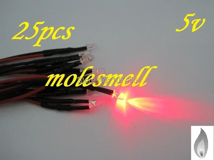 Free shipping 25pcs 3mm red Flicker 5V Pre-Wired Water Clear LED Leds Candle Light 20CM