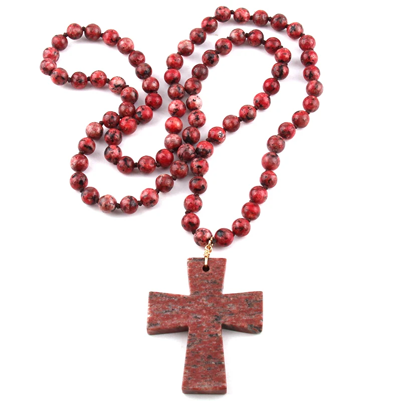 Fashion Semi Precious Stones Beads Statement Necklaces long Knotted Cross Ethnic Necklace