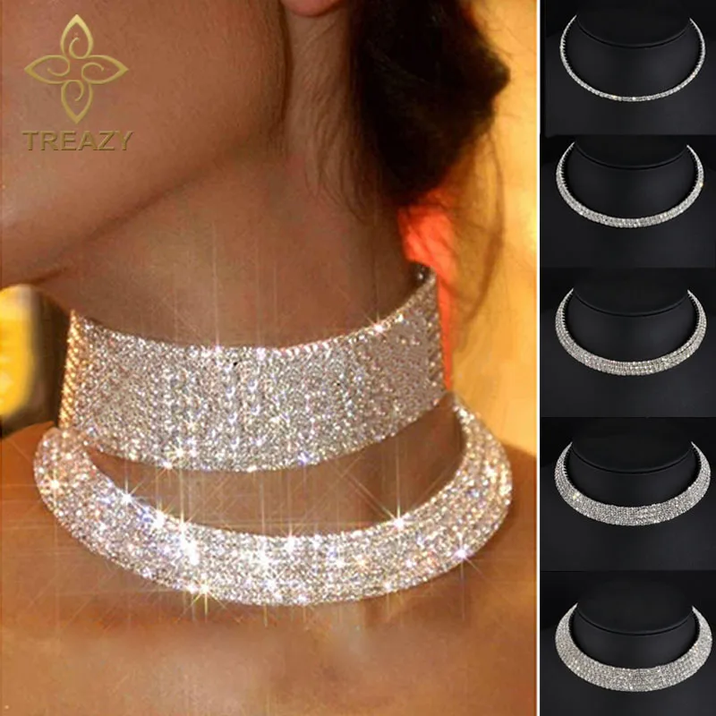 Treazy feminino diamante strass gargantilha colar cor prata casamento nupcial festa de cristal colar gargantilha corrente jóias