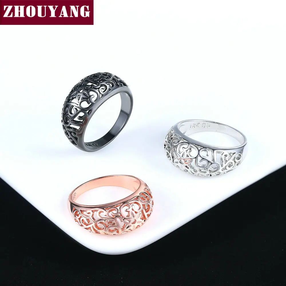 ZHOUYANG Vintage Chunky Ring For Women Hollow Out Flower Hollowing Craft Rose Gold Color Fashion Jewelry Friendship Gift R281