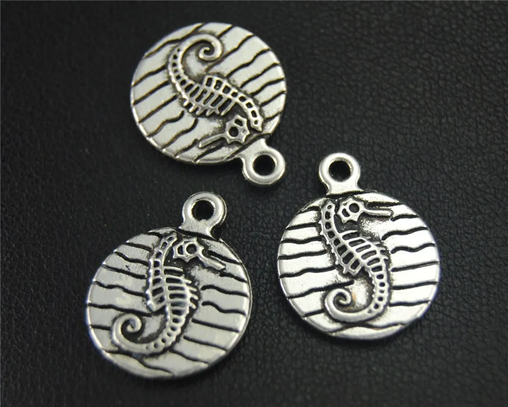 30pcs  Silver Color Sea Horse Sea Creature Round Charm DIY Jewelry Findings Accessories  15x19mm A1860