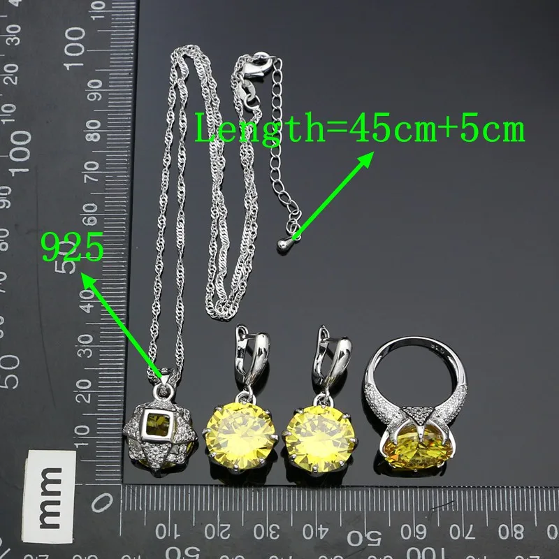 925 Sterling Silver Bridal Jewelry Sets For Women Yellow Cubic Zirconia Earrings Pendant Ring Bracelet Necklace Set