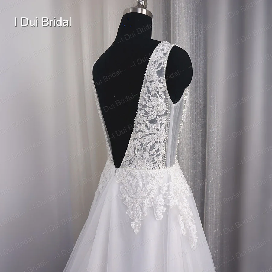 A line Lace Appliqued Wedding Dress Tulle Rok Gaun Pengantin