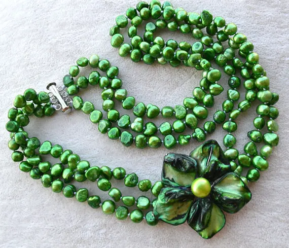 Perfect Pearl Necklace , Green Color Baroque Shape Real Freshwater Pearl Necklace, AA 6-7MM 18-20 inches Shell Flower Jewelry.