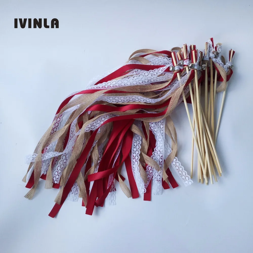 New Arrived Burlap jute wire red wedding ribbon wands stick with Lace and big sliver Bells for wedding party