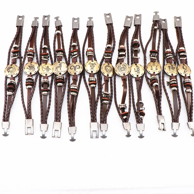 Wholesale 36pcs/lot Twelve Constellations Leather Bracelet Retro Brown MultiLayer Buckle Punk Woven Zodiac Bangle For Men Wome