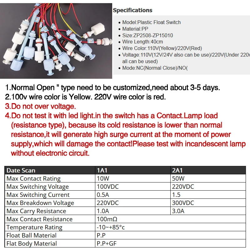 Free Shipping ZP3508 5Pcs M8*35mm 100V 220V Float Switch Mini Type Poly Propy Water Level Liquid Sensor Normal Close NC