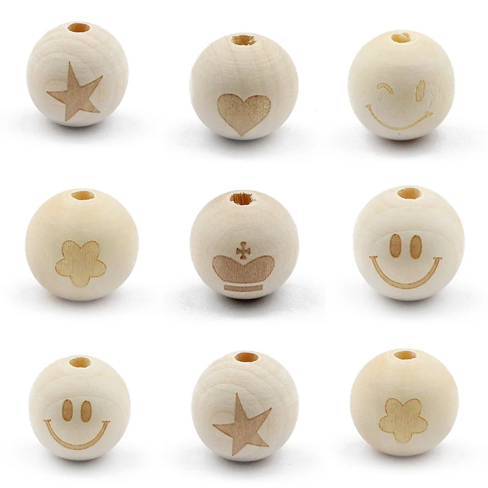 10pc/lot 20mm Natural Wood Beads Smiling Face Heart Star Round Loose Beads For Jewelry Making Bracelet Necklaces DIY Accessories