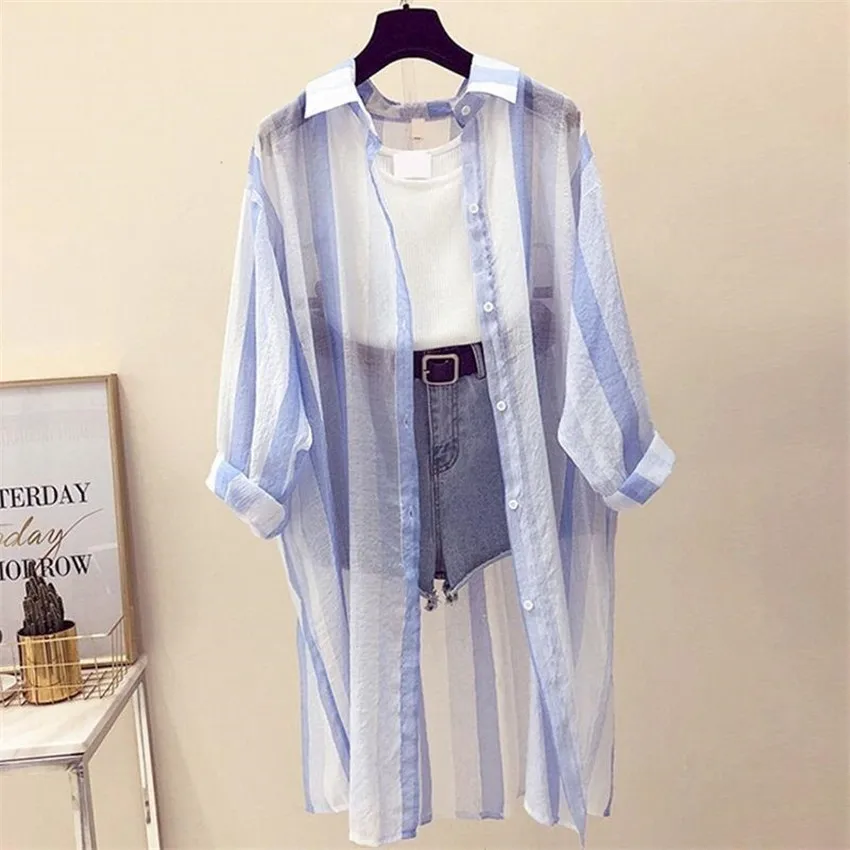 2019 Fashion Summer Loose Women Striped Cardigan Blouses Midi Long Lady Thin Sun Protection Clothing beach Shirts Holiday WZ794