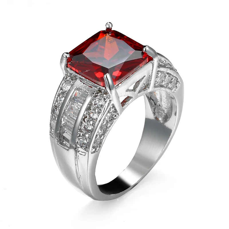 Luxury Men Women Wedding Red Garnet & White CZ Plata Ring Size 6 7 8 9 10 Fashion Party Rings Jewelry Wholesale