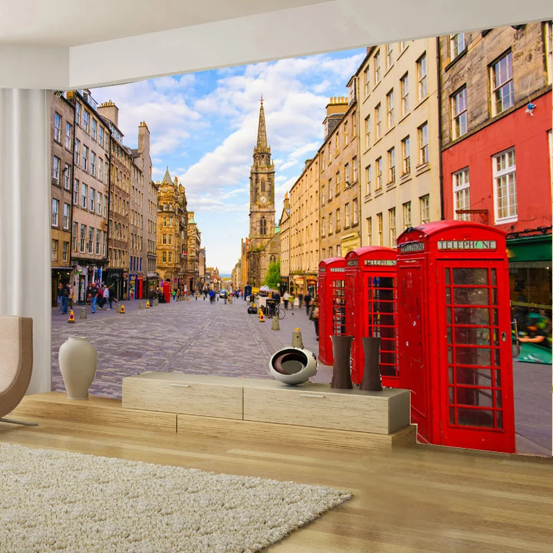 

Custom Photo Wallpaper Modern London Street Red Telephone Booth Wall Mural Cafe Living Room Sofa TV Background Mural Wall Papers