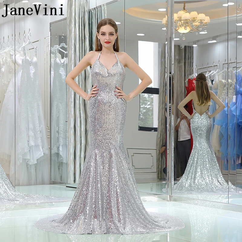 JaneVini-vestidos de sirena para dama de honor, sexys, plateados, brillantes, con lentejuelas, Halter, Espalda descubierta, tren de corte, vestidos de fiesta, Bruidsmeisjes, Jurk