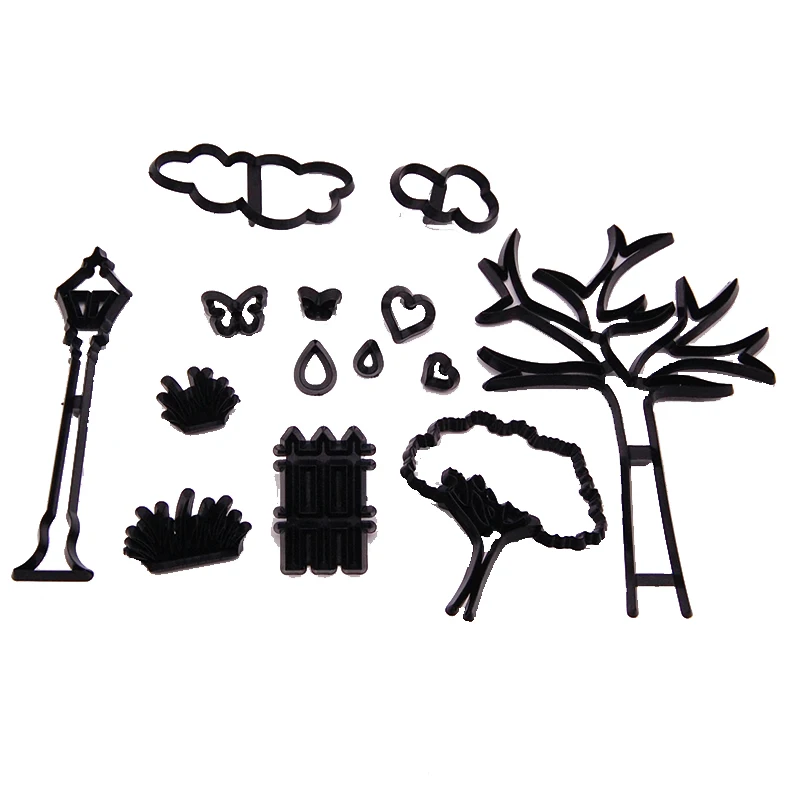 14PCS Park Theme Cookie Cutter Plastic Street Lamp Tree Plant Grass Fondant Cutter Cupcake Baking Mold Cake Decorating Tools