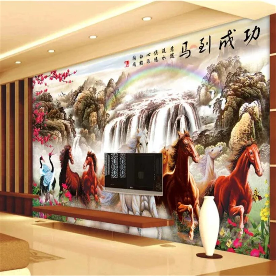 Custom wallpaper 3d photo mural horse to success Chinese painting landscape living room TV background wall decoration painting